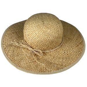Natural Raffia Straw Sun Hat Wide Brim Bow Accent Beach Womens Cap Garden Sz 7